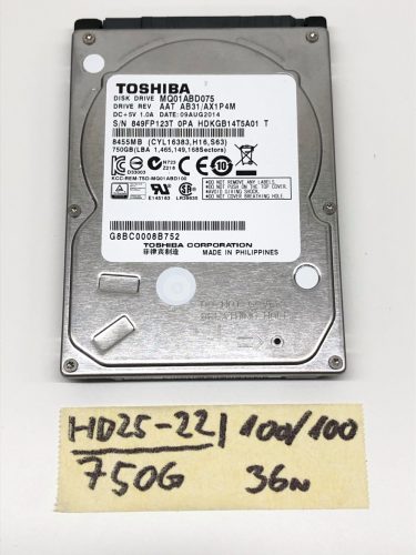 Toshiba MQ01ABD075 750Gb használt Laptop SATA HDD merevlemez 2,5” 5400Rpm 100/100