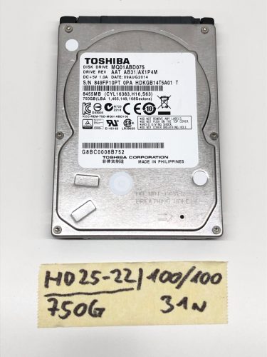 Toshiba MQ01ABD075 750Gb használt Laptop SATA HDD merevlemez 2,5” 5400Rpm 100/100