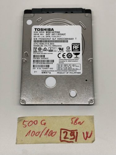 Toshiba MQ01ACF050 500Gb használt Laptop SATA HDD merevlemez SLIM 7mm 2,5” 7200Rpm 100/100