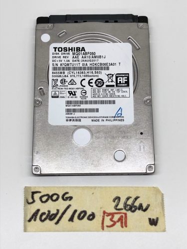 Toshiba MQ01ABF050 500Gb használt Laptop SATA HDD merevlemez SLIM 7mm 2,5” 5400Rpm 100/100