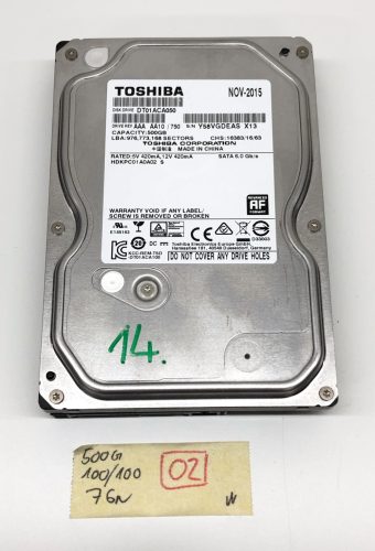 Toshiba 500Gb használt SATA HDD merevlemez 3,5” 7200Rpm DT01ACA050