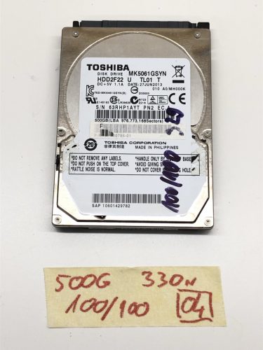 Toshiba MK5061GSYN 500Gb használt Laptop SATA HDD merevlemez 2,5” 7200Rpm 100/100